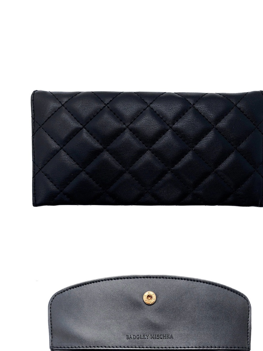 Badgley Mischka Black Quilted Envelope Clutch with Gold Snap